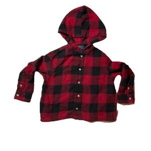 Polo Ralph Lauren Toddler 3T Red Black Buffalo Check Flannel Hooded Shirt Pearl